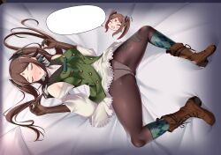 1girls armpit_crease blush boots breasts brown_hair closed_eyes drag-on_dragoon drag-on_dragoon_3 drakengard drakengard_3 four_(drag-on_dragoon) four_(drakengard) gloves kppless large_breasts on_back on_bed panties panties_under_pantyhose sleeping socks speech_bubble white_panties