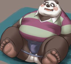 00murice 2022 anthro anus ass belly black_body black_nose blush clothing eyewear feet giant_panda glasses jockstrap kemono male male_only mammal overweight overweight_male shirt solo topwear underwear ursid white_body