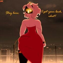 1girls 2d 2d_(artwork) big_ass city_background clothed english english_text female_only looking_at_viewer red_dress robot robot_girl robot_humanoid samkvevo solo thick_thighs v_(murder_drones) white_hair yellow_eyes