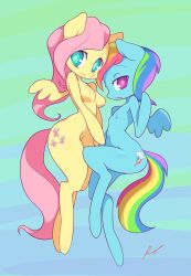 2015 anthro blue_body blue_skin breasts dated duo equine female fluttershy_(mlp) friendship_is_magic hasbro mustang-blaze my_little_pony nipples pegasus pink_hair rainbow_dash_(mlp) rainbow_hair rainbow_tail tail wings yellow_body yellow_skin