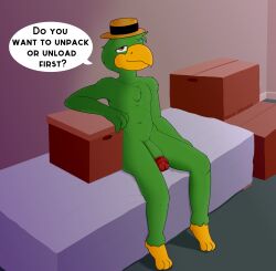 absurd_res anthro avian bed bird box container dialogue disney english_text furniture genitals hi_res inprogress jose_carioca looking_at_viewer male male_only moving_boxes nude penis sitting solo text