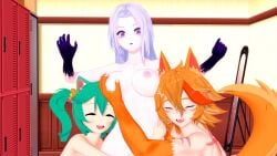 3d 3girls aicandii breasts buffpup_(vtuber) cat_ears cat_humanoid catgirl cyan_hair erect_nipples female horny_female indie_virtual_youtuber lesbian nude_female office orange_fur orange_hair orange_tail outside purple_eyes purple_hair renhentai room rosedoodle_(vtuber) smile touching_breast virtual_youtuber vrchat vrchat_avatar vtuber wolf_ears wolf_girl wolf_humanoid wolf_tail yuri