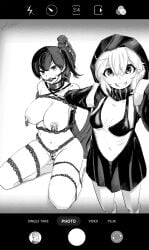 2girls ball_gag black_and_white chained_up collar damsel_in_distress doctorkdraws femdom gag gagged glaring heart_lock_(kantai_collection) kaga_(kantai_collection) kantai_collection re-class_battleship selfiern