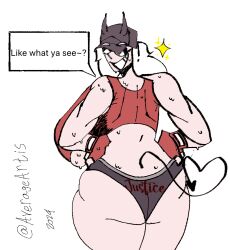 averageartis big_breasts fat_ass hat helltaker huge_ass huge_breasts justice_(helltaker) sunglasses sweat sweaty sweaty_body sweaty_breasts