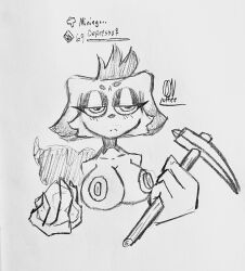 big_areola big_breasts big_nipples blush blush_lines depresso female female_only grumpy holding_object holding_pickaxe looking_at_viewer nose nude nude_female ocncoffee pal_(species) palworld photo_(medium) pickaxe rock sketch solo solo_female tail traditional_media_(artwork) upper_body