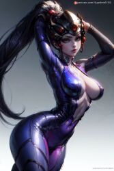 ai_generated ass ass_focus bodysuit breasts brown_eyes brown_hair cleavage curvaceous curvy curvy_body curvy_female curvy_figure female fit_female grabbing_from_behind long_hair looking_at_viewer medium_breasts nipples nipples_visible_through_clothing overwatch overwatch_2 solo supr3metr thick_thighs thighs toned toned_female wide_hips widowmaker