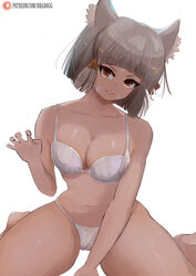 1girls animal_ear_fluff animal_ears artist_logo artist_name bangs bbadogg blunt_bangs bra breasts cat_ears cleavage facial_mark female female female_focus gem grey_hair hair_ribbon light-skinned_female light_skin lingerie looking_at_viewer nia nia_(xenoblade) smiling_at_viewer white_background xenoblade_(series) xenoblade_chronicles_2 yellow_eyes yellow_ribbon young