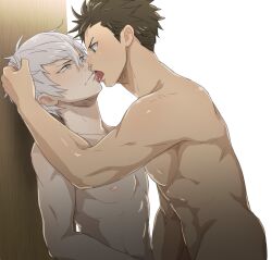 2boys abs black_hair closed_mouth completely_nude couple grabbing_another's_hair grey_hair ishida_mitsunari_(sengoku_basara) jigoku_meguri licking licking_another's_face looking_at_another male_focus multiple_boys navel nipples nude sengoku_basara short_hair simple_background tokugawa_ieyasu_(sengoku_basara) toned toned_male tongue tongue_out upper_body yaoi