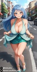 1girls ai_generated anklet blue_eyes blue_hair blush boku_no_hero_academia bracelet car city cleavage collarbone dress female full_body gumi_arts halter_dress halterneck high_heels human large_breasts long_hair my_hero_academia nejire_hado outdoors short_dress skirt_lift smile stable_diffusion