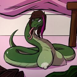 after_transformation angry anthro biobasher brown_hair busty_feral female feral feral_transformation forked_tongue green_scales highlights_(coloring) post_transformation scalie serpent serpentine snake snake_girl snake_tail snake_tongue snitties tongue tongue_out transformation