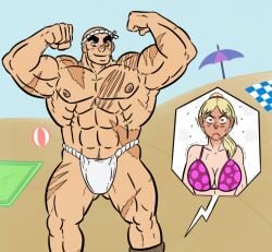 bald bald_man beach big_bulge big_muscles bikini blonde_female blonde_hair bulge commissions_open daddy dilf dorshe excited female flexing flexing_arms flexing_bicep flexing_muscles fundoshi horny male male_nipples muscles open_commmission ousama_ranking queen_hilling ranking_of_kings romantic romantic_couple seductive seductive_look seductive_smile straight