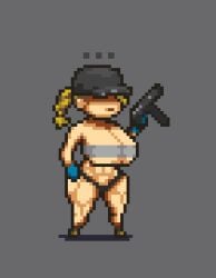 1girls big_breasts big_thighs blonde_female blonde_hair dead_ahead female female_focus female_only gun huge_breasts huge_thighs muscle_girl pixel34 pixel_art public sonya_(dead_ahead) thick_thighs thighs