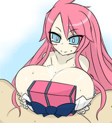 1boy 1girls alternate_breast_size artina big_breasts bimbo blue_eyes blush breast_grab breast_hold breasts bursting_breasts color cum cum_between_breasts disgaea disgaea_4 dress ejaculation ejaculation_between_breasts engulfing_paizuri female gigantic_breasts huge_breasts hyper_breasts large_breasts long_hair male massive_breasts nippon_ichi_software paizuri paizuri_lead_by_female paizuri_on_lap paizuri_under_clothes penis pink_hair straight sweat vaba