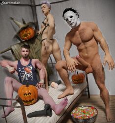 3boys ass barefoot bed before_sex david_king dead_by_daylight halloween male_focus male_only mask michael_myers presenting staramalor the_shape the_trickster threesome yaoi