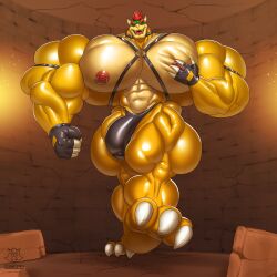 1boy big_bulge bodybuilder bowser bulge full_body furry huge_bulge indoors male male_only mario_(series) massive_bulge muscles muscular muscular_arms muscular_male nintendo nipples regnar solo standing