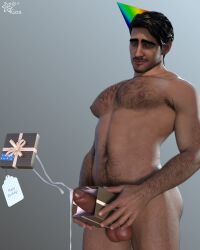 1boy 1human 1male 3d 3d_(artwork) 3d_model birthday birthday_hat birthday_suit black_hair brown_eyes dick_in_a_box hairy hairy_body hairy_male kazuworks male male_focus male_only oc original original_character solo solo_focus solo_male