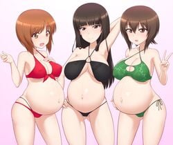 3girls aka8mori arm_up ass_visible_through_thighs bangs big_breasts bikini black_bikini brown_eyes brown_hair cleavage family female female_only girls_und_panzer green_bikini hand_on_belly hand_on_hip huge_belly light_brown_hair linea_nigra long_hair looking_at_viewer milf mother_and_child mother_and_daughter multiple_pregnancies nipple_bulge nishizumi_maho nishizumi_miho nishizumi_shiho pregnant pregnant_milf pregnant_sisters ready_to_pop red_bikini short_hair side-tie_bikini sisters smile swimsuit triple_pregnancy underboob v