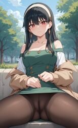 1girls ai_generated alternate_costume angry angry_face black_pantyhose cameltoe pantyhose park pussy rengoart spy_x_family trees yor_forger