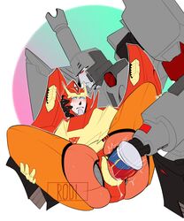 blue_eyes blush cuntboy idw_comics idw_publishing intersex megatron motion_lines rodimus_prime sex_toy spread_legs transformers vibrator