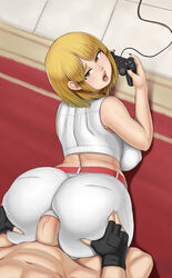 1boy 1girls abyssdagon alternate_costume anal anal_penetration anal_sex anal_through_clothes ashley_graham ashley_graham_(brooke_elizabeth_mathieson) ass ass_grab capcom clothing_skin female forced_in_fabric from_behind game_controller large_ass light-skinned_female light-skinned_male light_skin looking_at_viewer looking_back male male_pov open_mouth pants playing_videogame pov resident_evil resident_evil_4 sex sex_through_clothes