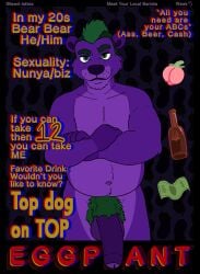 absurd_res alcohol anthro bear beer beer_bottle beverage bottle container crossed_arms emoji erection food foreskin fruit genitals green_eyes hi_res lewd_latte male mammal mohawk money peach_(fruit) penis plant smile smirk smug solo