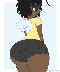 1girls 2021 antennae antennae_(anatomy) anthro arthropod bee beenie_(pandaboytoy) big_ass black_hair black_sclera booty_shorts brown_skin bumblebee cute female hymenopteran insects original_character pandaboytoy t-shirt tagme thick_thighs white_pupils yellow_t-shirt