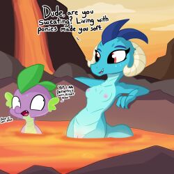 1boy 1girls anthro blue_body blue_skin breasts casual dragon english_text female friendship_is_magic hasbro horn lava male my_little_pony nipples nude princess_ember_(mlp) red_eyes smile spike_(mlp) spikes text tjpones