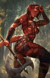 ass axe baldur's_gate_3 big_ass breasts cleavage demon_girl demon_horns demon_tail dungeons_and_dragons female female_focus female_only forgotten_realms holding_weapon karlach lerapi medium_breasts muscular_female red_body red_eyes red_hair red_skin side_view weapon