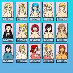 15girls 6+girls abby_(retropunch) antoinette_(nairod103098) antoinette_dumont aoi_(nairod103098) aoi_koyama belle_hawke bianca_(brad-the-boobyman) bianca_blonde black_hair blonde_hair booblympics breasts brown_hair clara_garcia clothed_female_nude_female covering_breasts danica_(monica_and_veronica) elf female female_only gail_branson glasses human jun_(inoueninja094) jun_takeda kym_(monica_and_veronica) long_hair medium_hair multicolored_hair nairod103098 nia_(zephros542) nia_gladwyn nipples nude nude_female photoshoot ponytail pose rebecca_(nairod103098) rebecca_phillips red_hair reina_(enf4life9) sara_(mrwings) sara_moren short_hair suit tagme tatiana_(nairod103098) tatiana_yurievna track_jacket