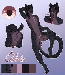 anthro black_body black_fur black_hair blackblood-queen felid fur genitals hair hand_in_mouth hi_res leopard long_hair long_tail lying male male_only mammal model_sheet osiris_(blackblood-queen) pantherine penis purple_eyes solo spots tail text