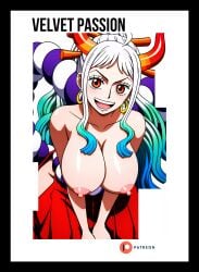 1girls ai_generated big_breasts female female_only light-skinned_female light_skin long_hair looking_at_viewer one_piece open_mouth orange_eyes size_difference smile smiling smiling_at_viewer solo taller_girl topless velvetpassion white_hair yamato_(one_piece)