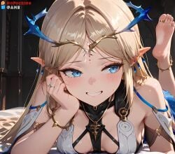 ai-created ai_generated anklet armlet bangs bare_shoulders barefoot bed blonde_hair blue_eyes blush bracelet breasts cartethyia_(wuthering_waves) circlet cleavage clothing crown cute_face dress earrings elbow_rest elf facial_mark feet feet_up female female_only grin hair_ornament hand_on_own_cheek hand_on_own_face head_rest headwear high_resolution indoors jewelry large_breasts legs_up long_hair looking_at_viewer looking_to_the_side lying medium_breasts nail_polish nofuckinggame on_bed on_stomach parted_bangs pointed_ears ring sidelocks sitting skirt sleeveless small_breasts smile soles solo sweatdrop the_pose toe_ring toes very_long_hair white_dress wuthering_waves
