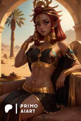 1girls ai_generated breath_of_the_wild crop_top crown dark-skinned_female female gerudo gold_jewelry green_eyes jewelry midriff primo_aiart red_hair riju skirt solo stable_diffusion tears_of_the_kingdom the_legend_of_zelda the_legend_of_zelda:_breath_of_the_wild the_legend_of_zelda:_tears_of_the_kingdom throne