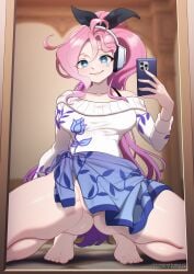 cellphone clothed girl k/da_all_out_series league_of_legends mirror pink_hair seraphine_(league_of_legends) seraphine_indie strongbana