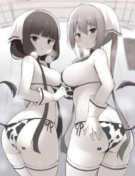 2girls animal_print ass bandana barcode blend_s breasts breath commentary_request cow_print cow_tail cowboy_shot from_behind gloves greyscale hanetu head_scarf hinata_kaho large_breasts long_hair looking_at_viewer looking_back low_twintails medium_breasts monochrome multiple_girls sakuranomiya_maika standing tail thighhighs twintails