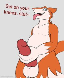 2021 anthro balls biped blue_eyes command dabelette dialogue english_text erection front_view fur genitals grey_background hand_on_own_penis hi_res holding_penis knot looking_at_viewer male mammal multicolored_body multicolored_fur nude open_mouth orange_body orange_fur penis sergal simple_background solo standing talking_to_viewer text tongue tongue_out two_tone_body two_tone_fur white_body white_fur