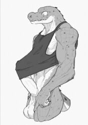 anthro balls biceps clothing connivingrat crocodilian erection genitals helm_(connivingrat) hi_res humanoid male male_focus male_only penis reptile scalie shirt solo solo_male tank_top teeth topwear triceps