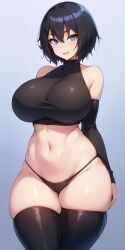 1girls ai_generated bare_shoulders belly belly_button big_breasts black_hair blue_eyes breasts clothed clothes clothing detached_sleeves eyebrows eyelashes female female_only hand_on_hip hips huge_breasts human human_only ilya_efimov large_breasts leggings looking_at_viewer navel open_mouth panties short_hair simple_background skindentation sleeveless sleeveless_turtleneck smile smiling smiling_at_viewer solo solo_female stable_diffusion thick thick_thighs thighhighs thighs topwear turtleneck underwear voluptuous wide_hips