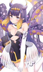 1girls angel_wings armwear blue_eyes blush blushing_at_viewer choker collarbone diadem dress eyebrows_visible_through_hair fan_mascot_(vtuber) female female_focus female_only flat_chest flat_chested halo highres hololive hololive_english hololive_myth light-skinned_female light_skin long_gloves long_hair looking_at_viewer low_wings multicolored_hair ninomae_ina'nis orange_hair pale-skinned_female pale_skin pointy_ears purple_hair short_gloves small_breasts stockings tako_(ninomae_ina'nis) tentacle thick_thighs thighhighs tiara twintails very_high_resolution very_long_hair virtual_youtuber white_stockings wings