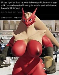 3d animated anthro anthrofied beverage big_breasts blaziken breast_expansion breasts coffee digital_media_(artwork) expansion exposed_breasts female genitals hi_res huge_breasts iced_latte_with_breast_milk meme moan nintendo nipples non-mammal_breasts nude pokémorph pokemon pokemon_(species) pussy short_playtime solo sound thescripter video video_games webm