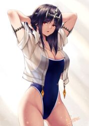 armbands arms_behind_head arms_up big_breasts black_hair cleavage crown goddess greek_mythology hera_(greek_mythology) highleg highleg_swimsuit jacket lioreo medium_hair one-piece_swimsuit original red_eyes see-through_clothing swimsuit tying_hair wide_hips