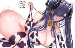 1girls ass august_von_parseval_(azur_lane) azur_lane big_breasts breasts cowbell female female_focus female_only light-skinned_female light_skin looking_at_viewer nervous_sweat purple_eyes purple_hair solo spank_marks spanked_ass spanked_butt string sweat sweatdrop thighhighs