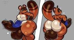 absurd_res animal_crossing anthro apron apron_only artist_logo ass balls bedroom_eyes belly belly_overhang big_balls big_butt big_penis big_tail black_eyes blue_clothing bodily_fluids brown_balls brown_body brown_eyes brown_fur brown_markings brown_penis casual_exposure clothed clothing ear_markings erection facial_markings front_view fur genital_fluids genitals glistening glistening_body glistening_butt glistening_clothing glistening_genitalia glistening_penis head_markings hi_res huge_balls huge_butt huge_cock huge_hips huge_thighs humanoid_genitalia hyper hyper_balls hyper_genitalia hyper_penis idlepotoo lighter_belly logo long_tail looking_at_self looking_back looking_down male markings mask_(marking) motion_outline mouthless multiple_poses narrowed_eyes nintendo nipples outline overweight overweight_anthro overweight_male partially_clothed penis pose precum rear_view seductive shaded signature simple_background small_waist solo tail tail_markings thick_thighs tom_nook white_belly white_butt white_outline wide_hips