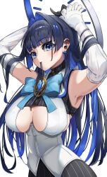 big_breasts blue_eyes blue_hair breasts cleavage female gloves h4kuuua_0 hololive hololive_english huge_breasts large_breasts ouro_kronii short short_hair solo underboob virtual_youtuber