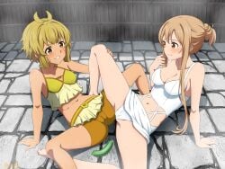 2girls argo_the_rat artist_name artist_signature belly blonde_hair blush brown_eyes cameltoe cleavage clothed collarbone dark-skinned_female dark_skin feet female female_only hair_between_eyes hosaka_carina_tomo imminent_sex light-skinned_female light_skin long_hair looking_at_another multiple_girls mysteryctu navel sex_toy short_hair spread_legs sweat sword_art_online teeth thick_thighs thighs tied_hair toes whisker_markings whiskers yuri yuuki_asuna