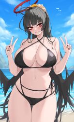1girls absurd_res beach black_hair blue_archive blush blushing bra breasts embarrassed female halo hi_res huge_breasts justice_task_force_(blue_archive) kuavera light-skinned_female light_skin long_hair outdoors peace_sign posing posing_for_the_viewer red_eyes swimsuit trinity_general_school_student tsurugi_(blue_archive) tsurugi_(swimsuit)_(blue_archive) voluptuous wide_hips wings