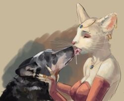 ambiguous_gender anthro big_breasts breasts canid canine cleavage clothed clothing duo felid feline female feral french_kissing hornyfoxjade jewelry kissing mammal tongue tongue_out zoophilia