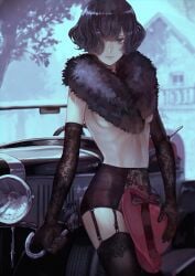 1girls black_hair breasts car fur_collar garter_belt garter_straps hair_over_one_eye hat hi_res kaoming lace lace_gloves lace_trim lingerie looking_at_viewer short_hair solo underboob