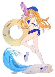 1girls barefoot beach bikini blue_bikini cap dokibird dokibird_(artist) dragoon_(dokibird) fan_mascot_(vtuber) female female_only flip_flops gun hat indie_virtual_youtuber inflatable inflatable_ring light-skinned_female light_skin long_hair mascot ocean open_mouth original_character pink_gun running sand sandals sketch smile twintails virtual_youtuber vtuber water_gun wave white_background yellow_eyes yellow_hair