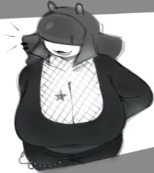 anthro blunt_bangs chubby chubby_female cleavage female fishnets hair_over_eyes huge_breasts monochrome original readraws reahmi rekkadraws sevin solo